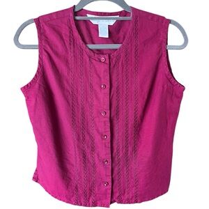 Vintage Ship n Shore Floral Embroidered Sleeveless Collarless Button Down Top